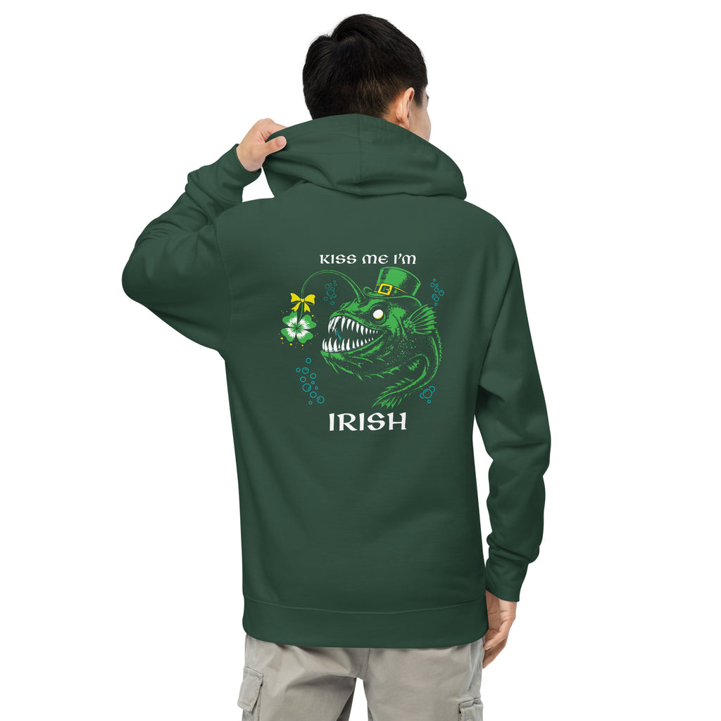 "Kiss Me I'm Irish" Anglerfish alpine green midweight hoodie on male model, back view, featuring the green leprechaun anglerfish with shamrock lure and "KISS ME I'M IRISH" text – 17th & Surf