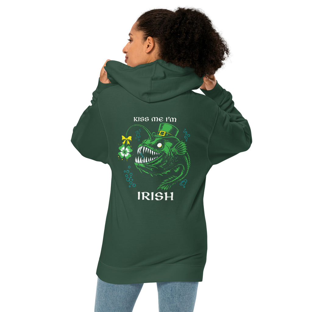 "Kiss Me I'm Irish" Anglerfish alpine green midweight hoodie on female model, back view, featuring the green leprechaun anglerfish with shamrock lure and "KISS ME I'M IRISH" text – 17th & Surf