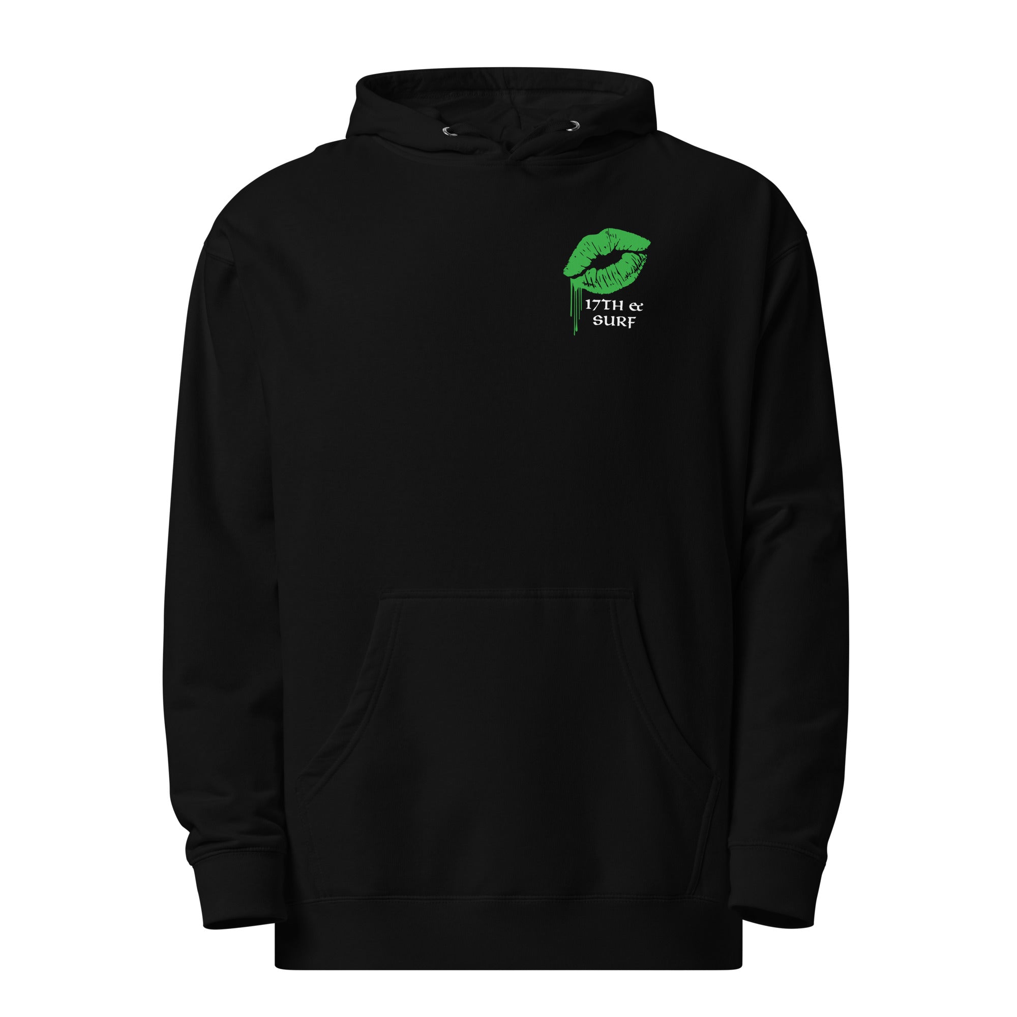 "Kiss Me I'm Irish" Anglerfish black midweight hoodie, front flat lay, featuring a green dripping-lips "17TH & SURF" logo on the chest – 17th & Surf