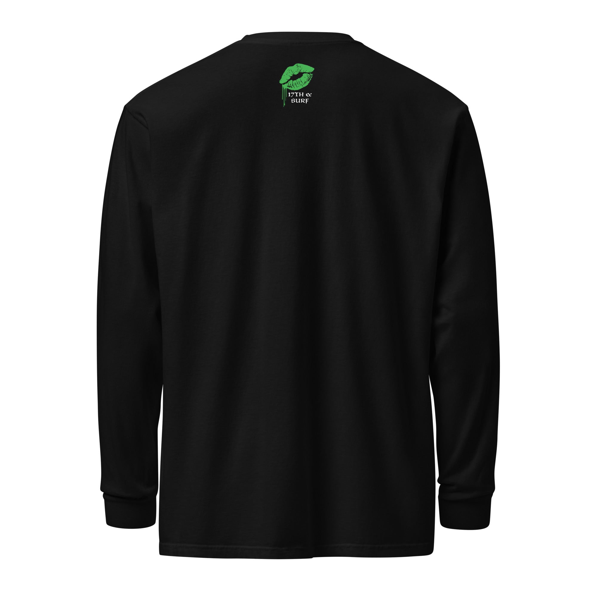 "Kiss Me I'm Irish" Anglerfish black long sleeve shirt, back flat lay, featuring a small green dripping-lips "17TH & SURF" logo near the collar – 17th & Surf