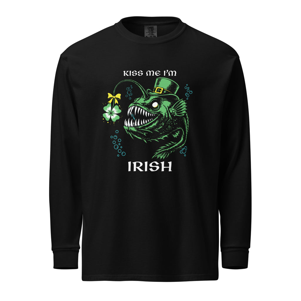 "Kiss Me I'm Irish" Anglerfish black long sleeve shirt, front flat lay, featuring the green leprechaun anglerfish with shamrock lure and "KISS ME I'M IRISH" text – 17th & Surf