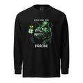 "Kiss Me I'm Irish" Anglerfish black long sleeve shirt, front flat lay, featuring the green leprechaun anglerfish with shamrock lure and "KISS ME I'M IRISH" text – 17th & Surf