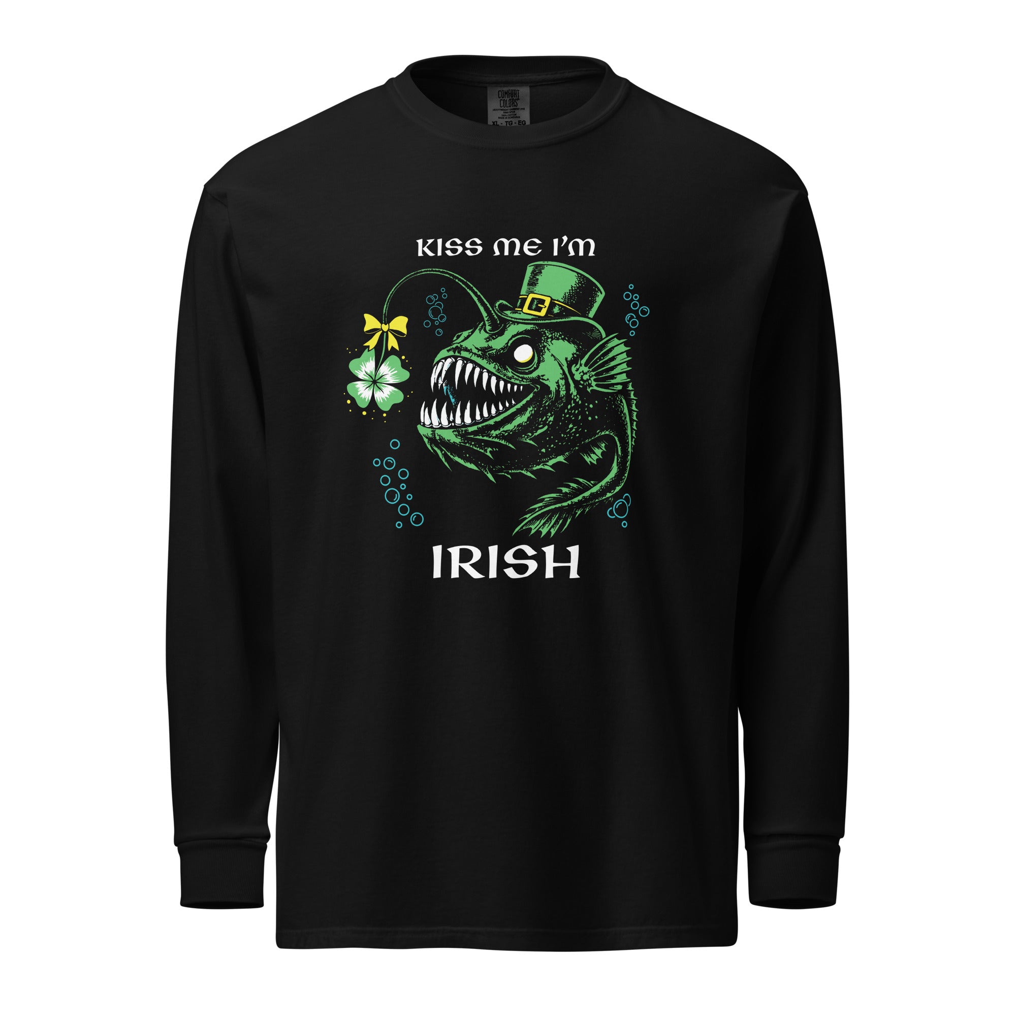 "Kiss Me I'm Irish" Anglerfish black long sleeve shirt, front flat lay, featuring the green leprechaun anglerfish with shamrock lure and "KISS ME I'M IRISH" text – 17th & Surf