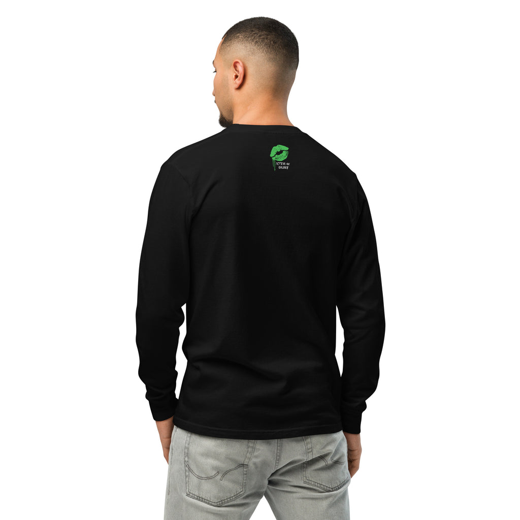 "Kiss Me I'm Irish" Anglerfish black long sleeve shirt on male model, back view, featuring a small green dripping-lips "17TH & SURF" logo near the collar – 17th & Surf