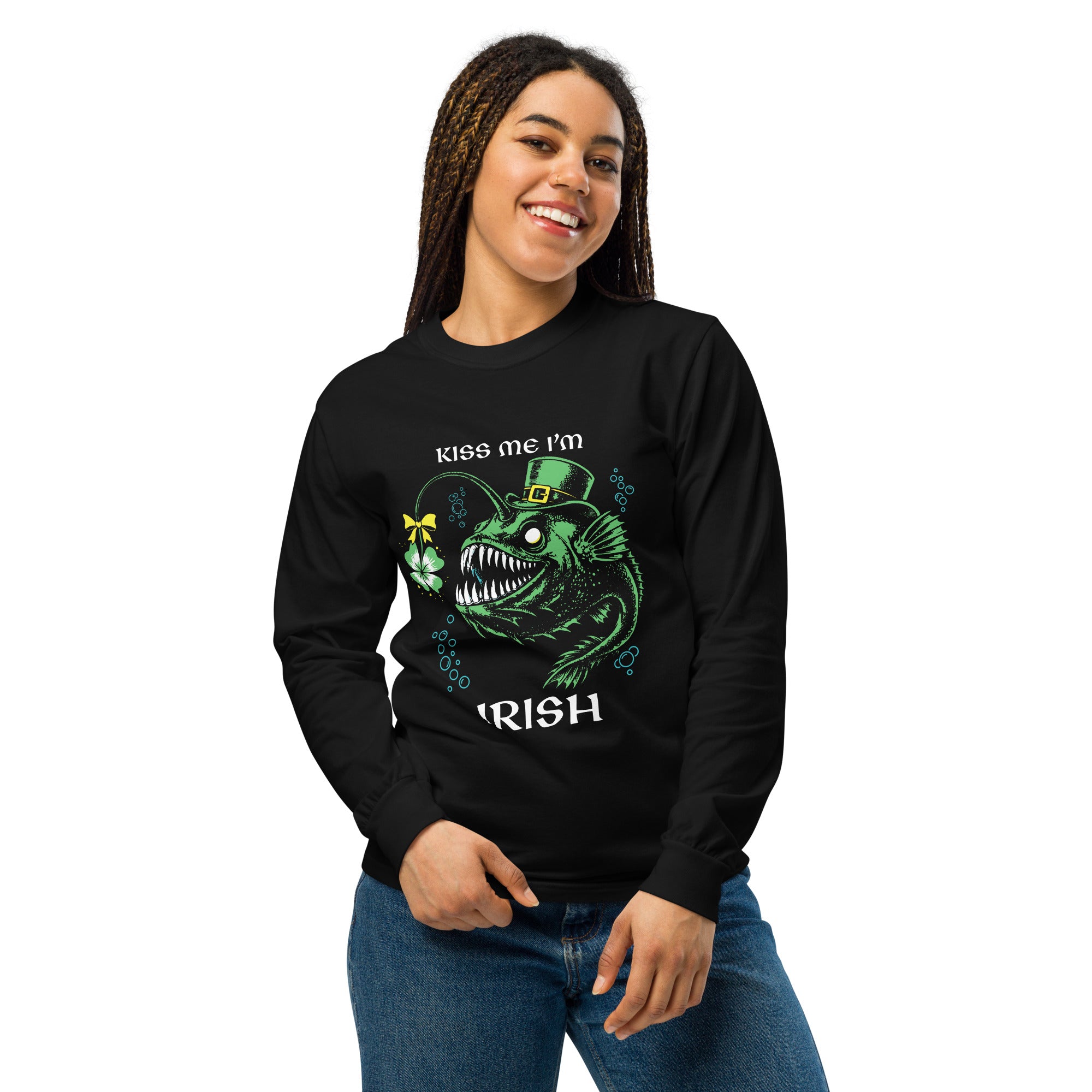 "Kiss Me I'm Irish" Anglerfish black long sleeve shirt on female model, front view, featuring the green leprechaun anglerfish with shamrock lure and "KISS ME I'M IRISH" text – 17th & Surf