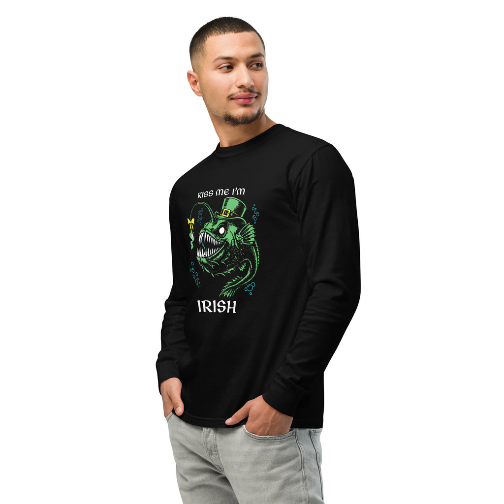 "Kiss Me I'm Irish" Anglerfish black long sleeve shirt on male model, front view, featuring the green leprechaun anglerfish with shamrock lure and "KISS ME I'M IRISH" text – 17th & Surf
