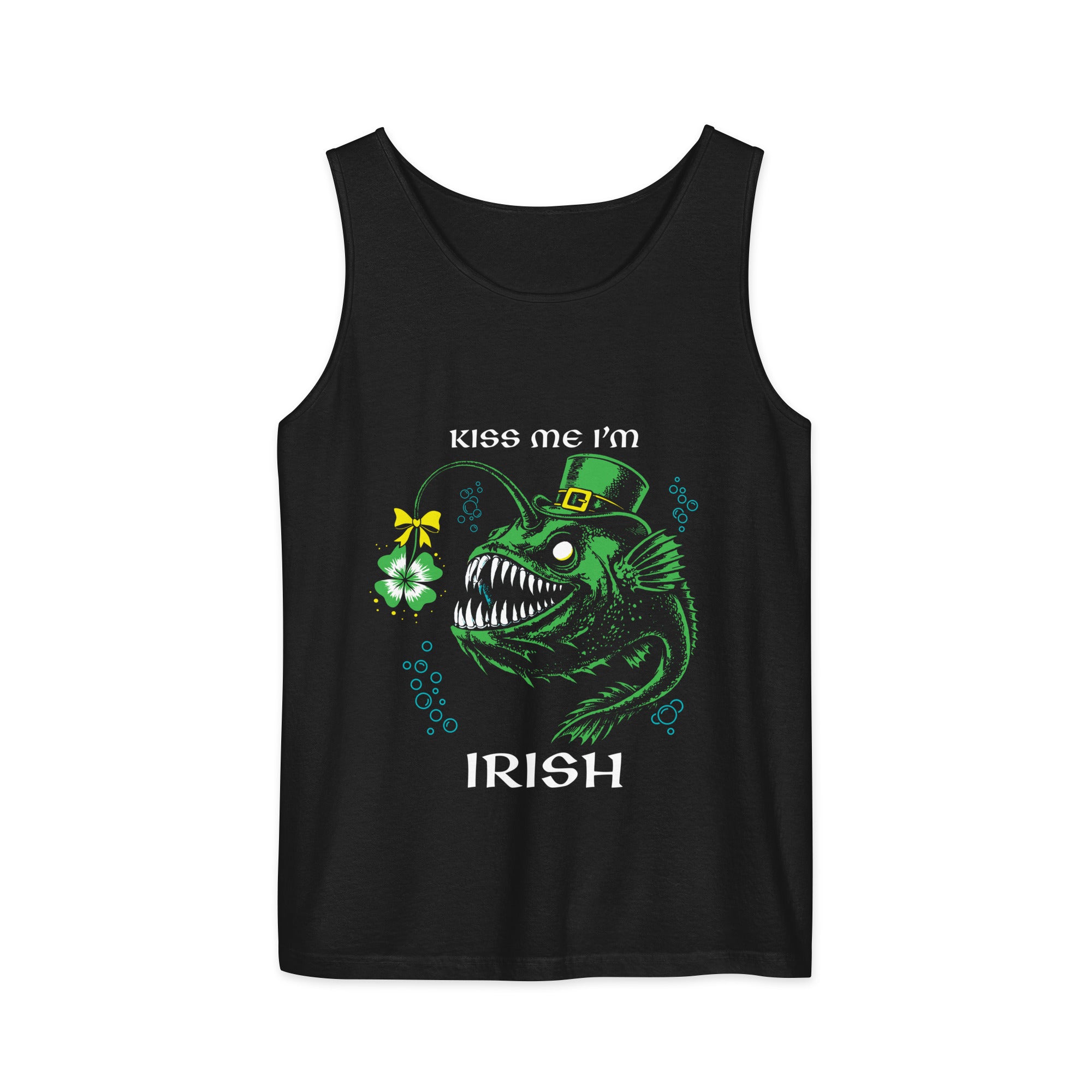 "Kiss Me I'm Irish" Anglerfish black tank top, flat lay, featuring the green leprechaun anglerfish with shamrock lure and "KISS ME I'M IRISH" text – 17th & Surf