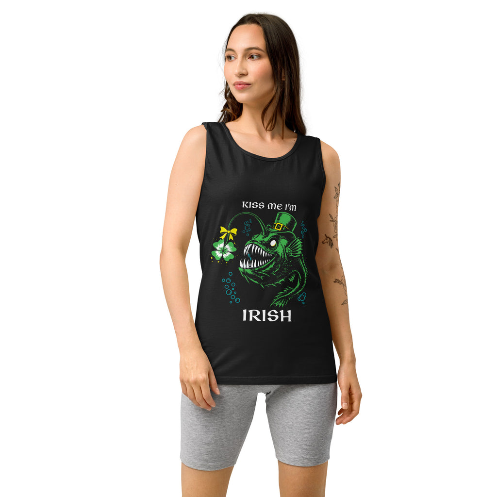 "Kiss Me I'm Irish" Anglerfish black tank top on female model, front view, featuring the green leprechaun anglerfish with shamrock lure and "KISS ME I'M IRISH" text – 17th & Surf