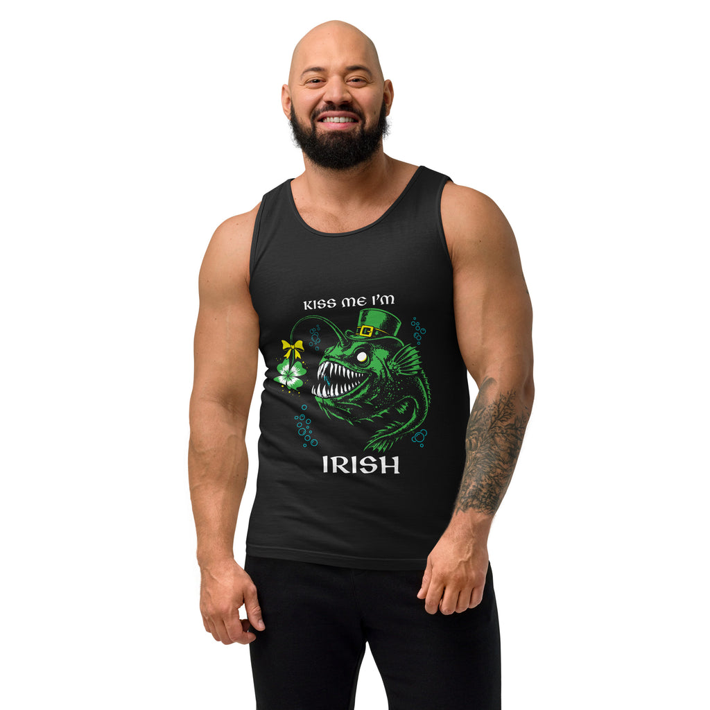 "Kiss Me I'm Irish" Anglerfish black tank top on male model, front view, featuring the green leprechaun anglerfish with shamrock lure and "KISS ME I'M IRISH" text – 17th & Surf