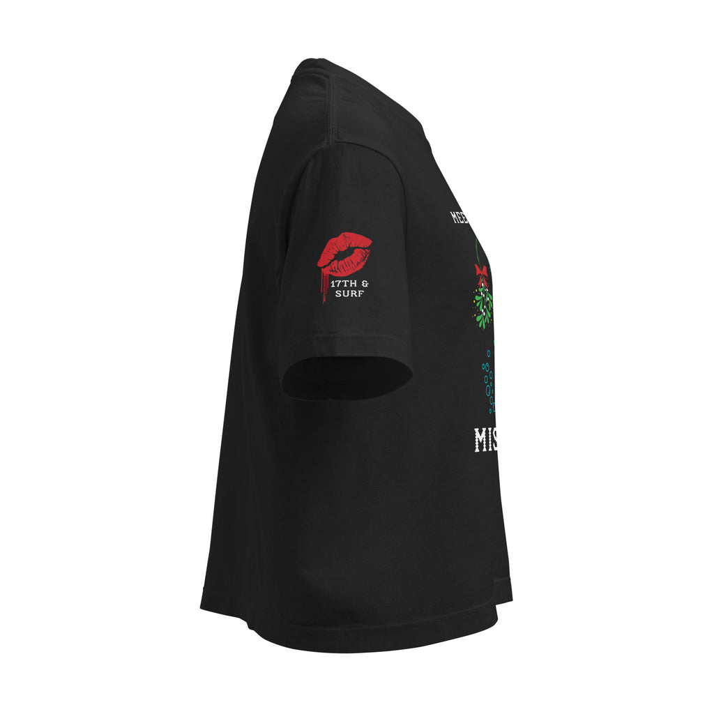 "Mistletoe" Anglerfish black heavyweight boxy t-shirt, side view showing the dripping red lips "17th & Surf" sleeve logo and partial anglerfish Christmas graphic – 17th & Surf
