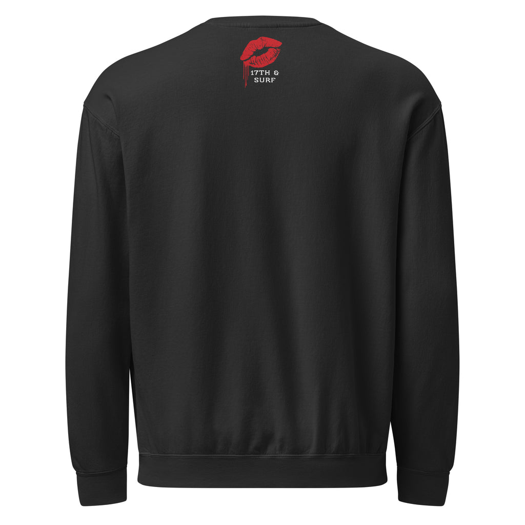 "Mistletoe" Anglerfish black lightweight fleece crewneck sweatshirt, back flat lay, featuring the dripping red lips "17th & Surf" logo – 17th & Surf