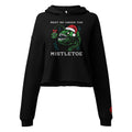 "Mistletoe" Anglerfish black cropped hoodie, front flat lay, featuring a green anglerfish wearing a Santa hat with a mistletoe lure, "Meet Me Under The Mistletoe" graphic, and dripping red lips "17th & Surf" sleeve cuff logo – 17th & Surf