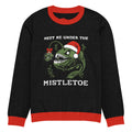 "Mistletoe" Anglerfish charcoal knitted Christmas sweater with red ribbed trim, front flat lay, featuring a green anglerfish wearing a Santa hat with a mistletoe lure and "Meet Me Under The Mistletoe" graphic – 17th & Surf