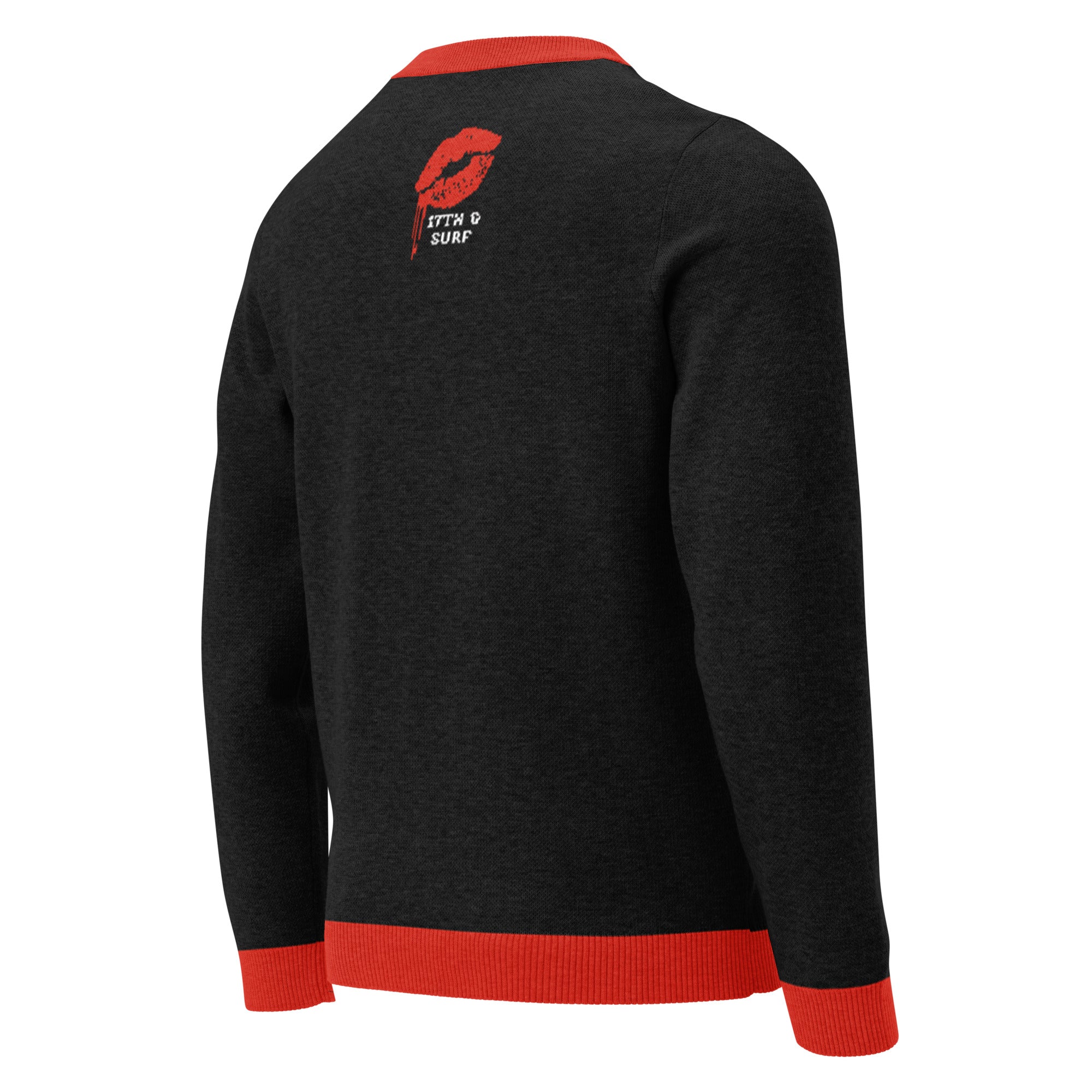 "Mistletoe" Anglerfish charcoal knitted Christmas sweater with red ribbed trim on male model, back view, featuring the dripping red lips "17th & Surf" logo – 17th & Surf
