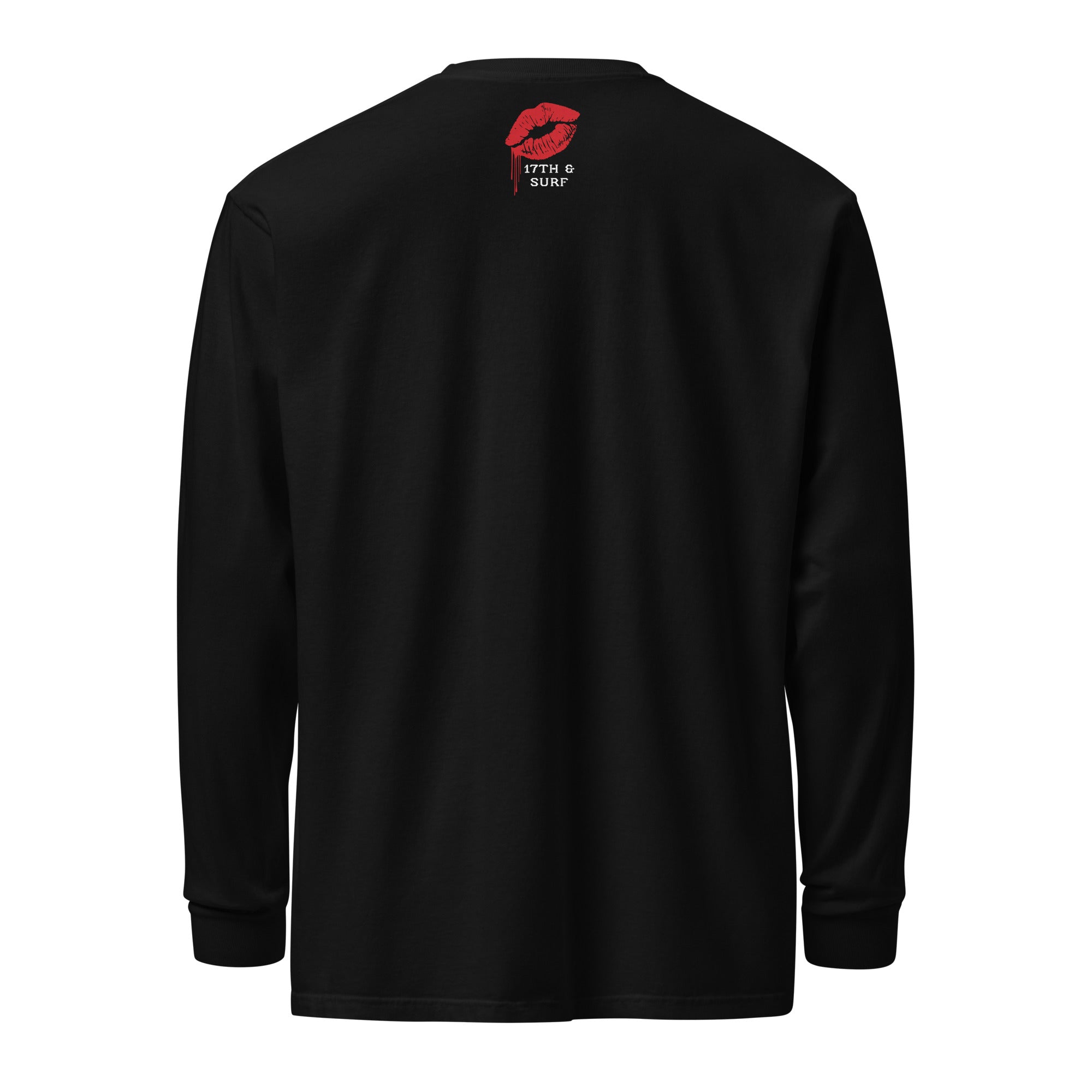 "Mistletoe" Anglerfish black heavyweight long sleeve shirt, back flat lay, featuring the dripping red lips "17th & Surf" logo near the collar – 17th & Surf