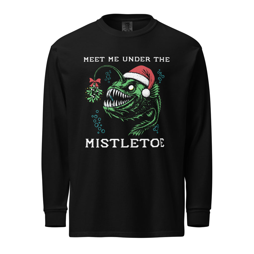 "Mistletoe" Anglerfish black heavyweight long sleeve shirt, front flat lay, featuring a green anglerfish wearing a Santa hat with a mistletoe lure and "Meet Me Under The Mistletoe" graphic – 17th & Surf