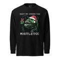 "Mistletoe" Anglerfish black heavyweight long sleeve shirt, front flat lay, featuring a green anglerfish wearing a Santa hat with a mistletoe lure and "Meet Me Under The Mistletoe" graphic – 17th & Surf