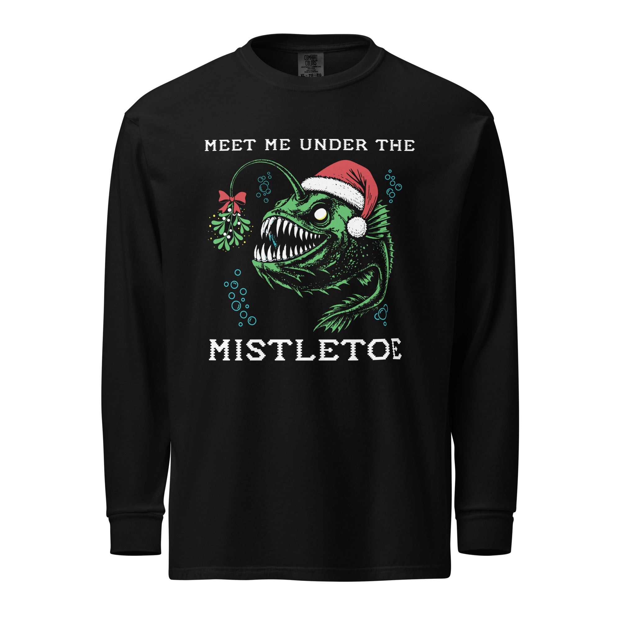 "Mistletoe" Anglerfish black heavyweight long sleeve shirt, front flat lay, featuring a green anglerfish wearing a Santa hat with a mistletoe lure and "Meet Me Under The Mistletoe" graphic – 17th & Surf