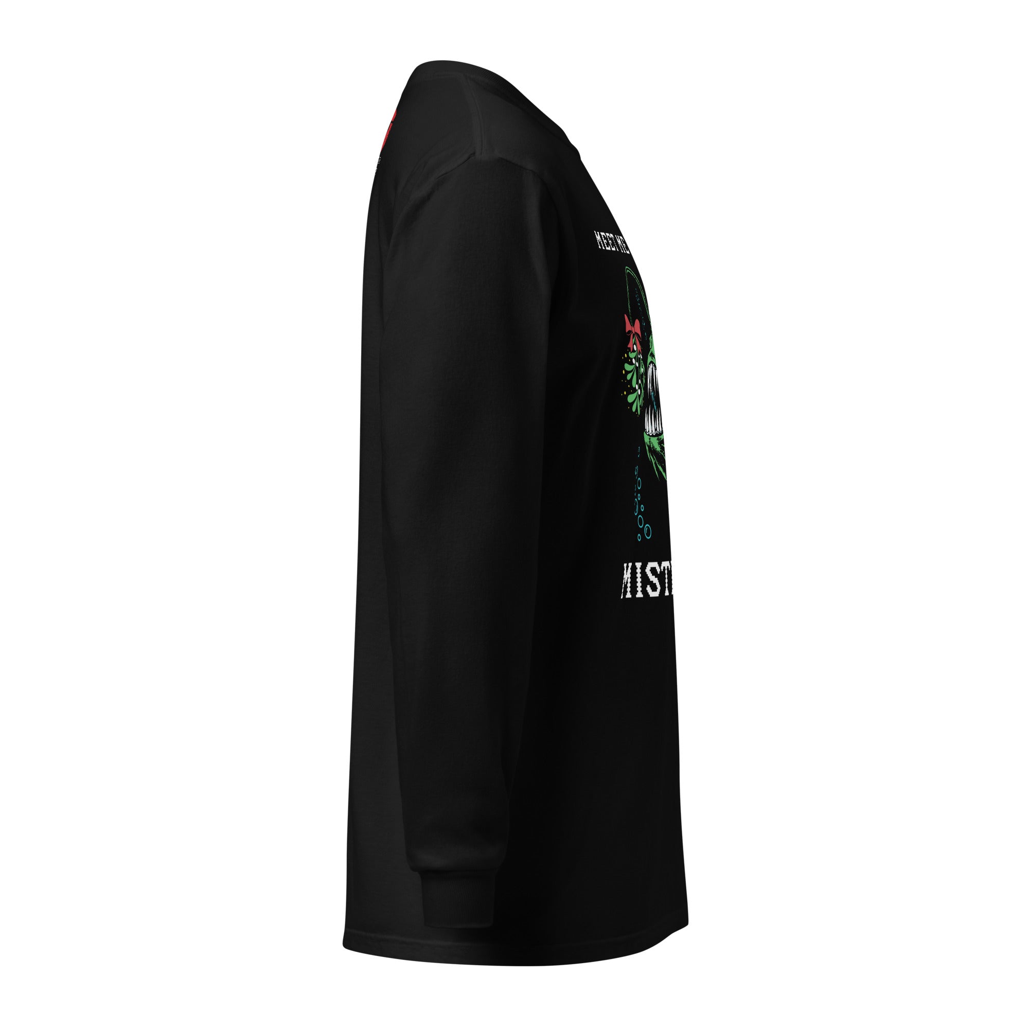 "Mistletoe" Anglerfish black heavyweight long sleeve shirt on male model, side profile, featuring a partial view of the anglerfish Christmas graphic – 17th & Surf