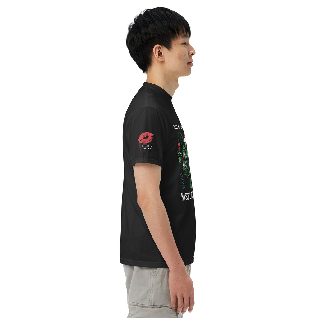 "Mistletoe" Anglerfish black heavyweight t-shirt on male model, side profile showing the dripping red lips "17th & Surf" sleeve logo and partial anglerfish Christmas design – 17th & Surf