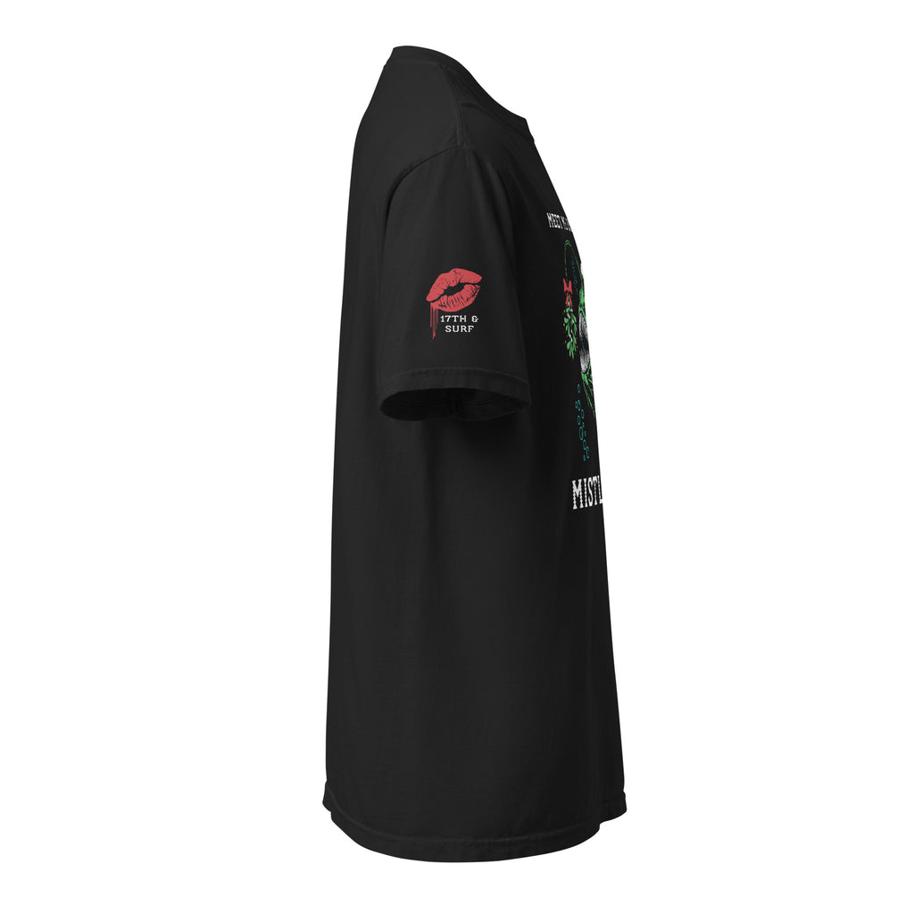 "Mistletoe" Anglerfish black heavyweight t-shirt, side view showing the dripping red lips "17th & Surf" sleeve logo and partial anglerfish Christmas graphic – 17th & Surf
