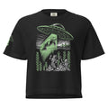 "Ocean Abduction" women's heavyweight boxy tee, flat lay front, featuring UFO abducting a manatee via tractor beam over skeleton mermaids design – 17th & Surf
