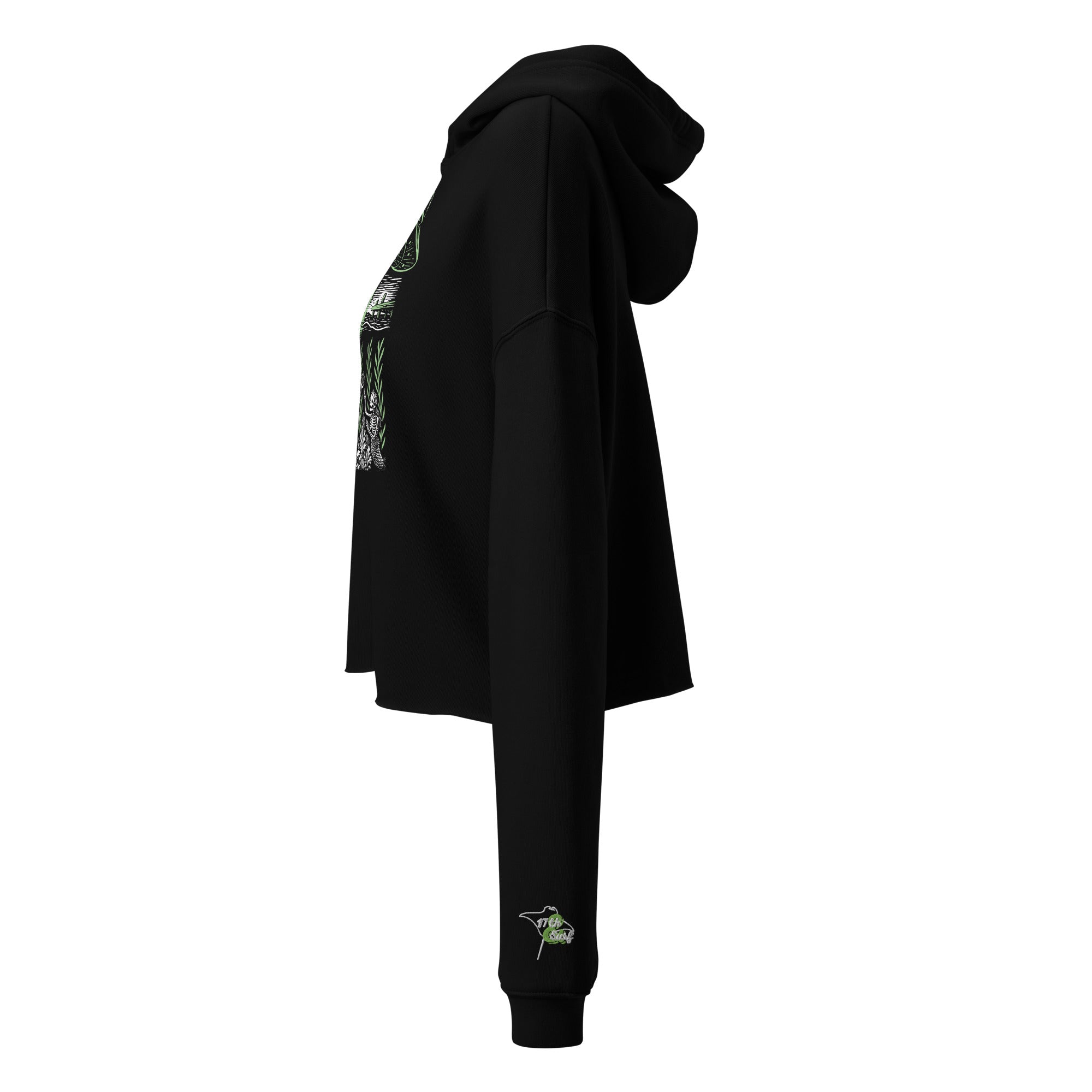 "Ocean Abduction" women's cropped hoodie, side view, featuring UFO abduction graphic and "17TH & SURF" sleeve logo – 17th & Surf