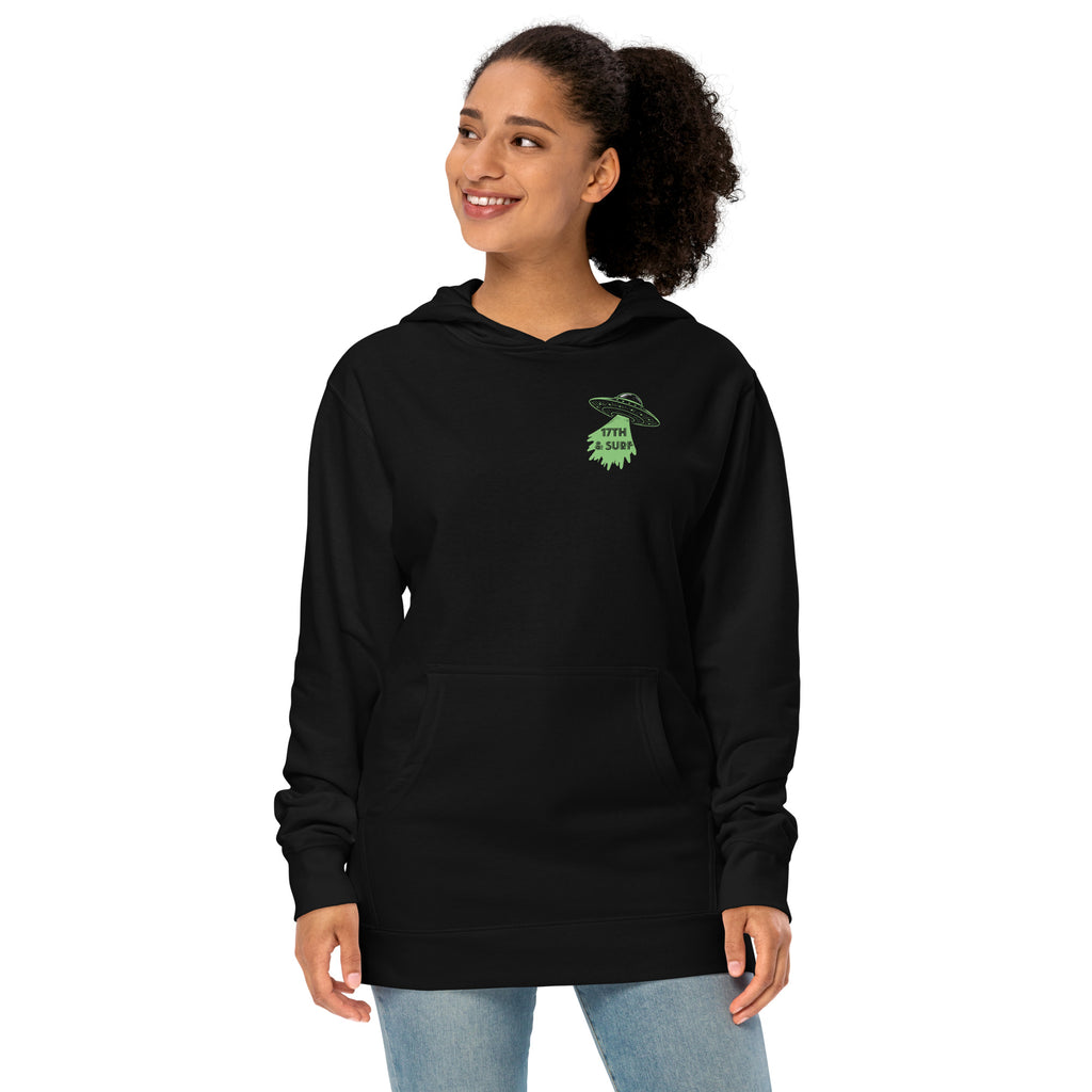 "Ocean Abduction" garment-dyed heavyweight hoodie, female model front view, featuring small UFO and tractor beam "17TH & SURF" chest logo – 17th & Surf