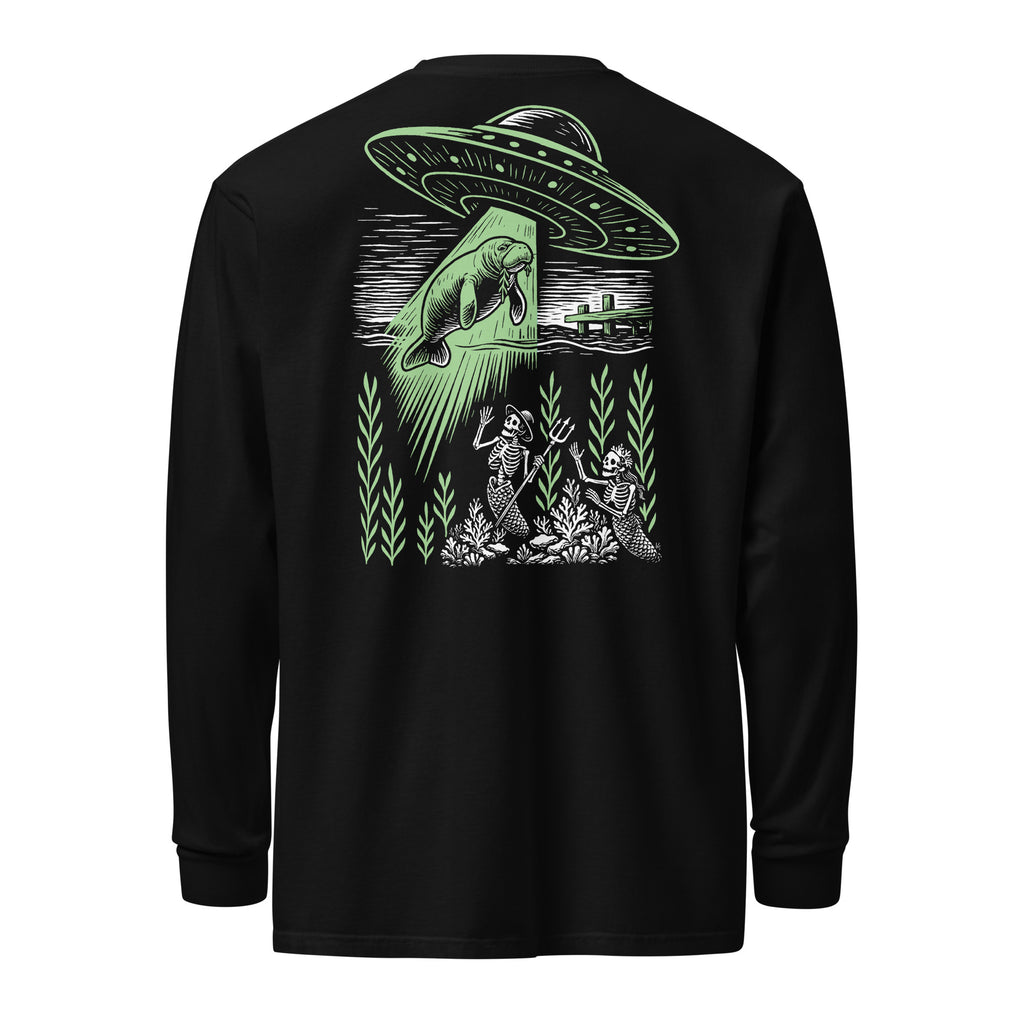 "Ocean Abduction" garment-dyed heavyweight long sleeve shirt, flat lay back, featuring UFO abducting a manatee via tractor beam over skeleton mermaids design – 17th & Surf