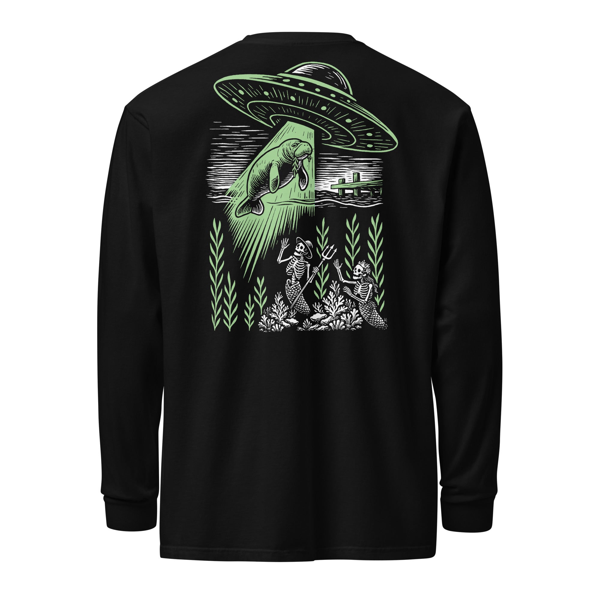 "Ocean Abduction" garment-dyed heavyweight long sleeve shirt, flat lay back, featuring UFO abducting a manatee via tractor beam over skeleton mermaids design – 17th & Surf