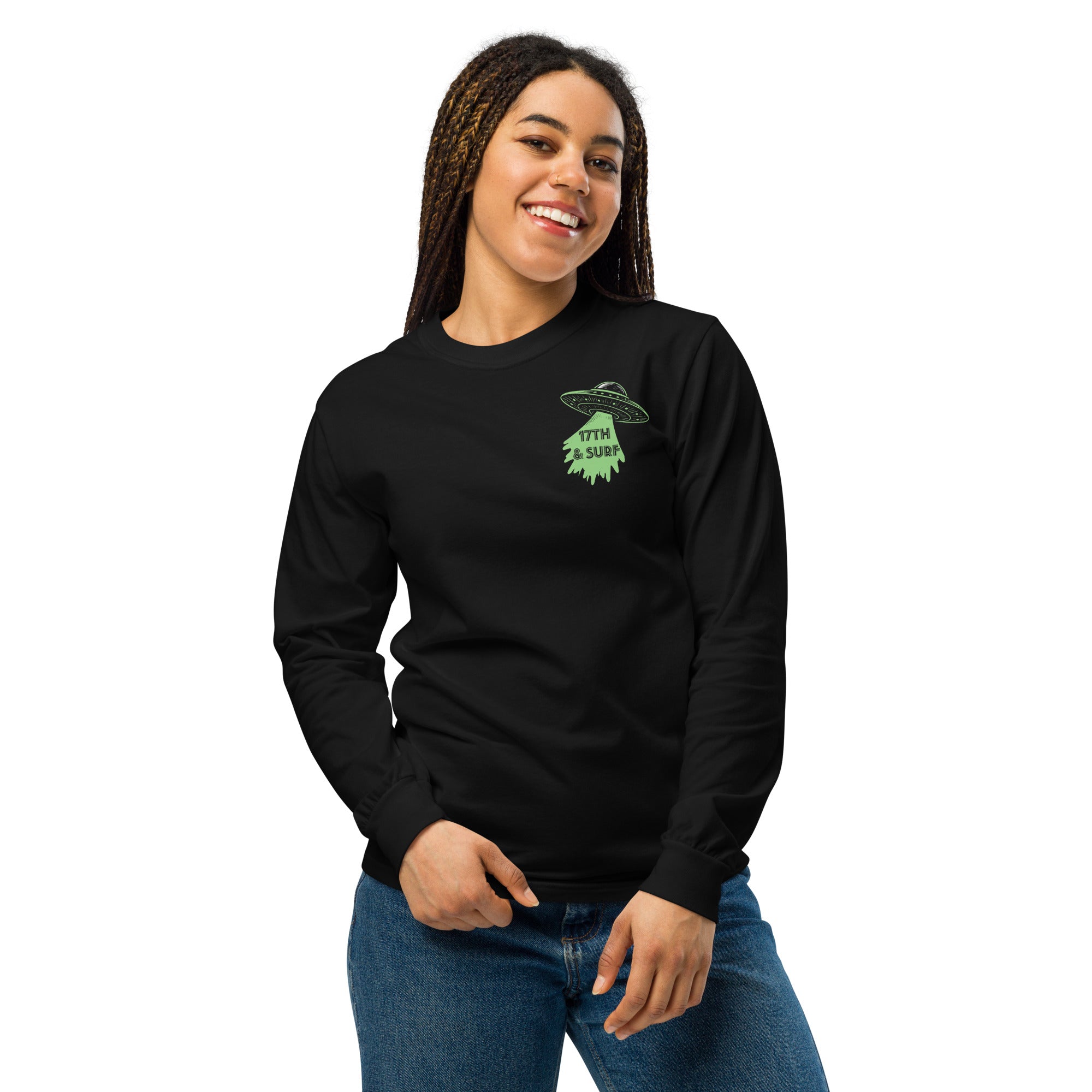 "Ocean Abduction" garment-dyed heavyweight long sleeve shirt, female model front view, featuring small UFO and tractor beam "17TH & SURF" chest logo – 17th & Surf
