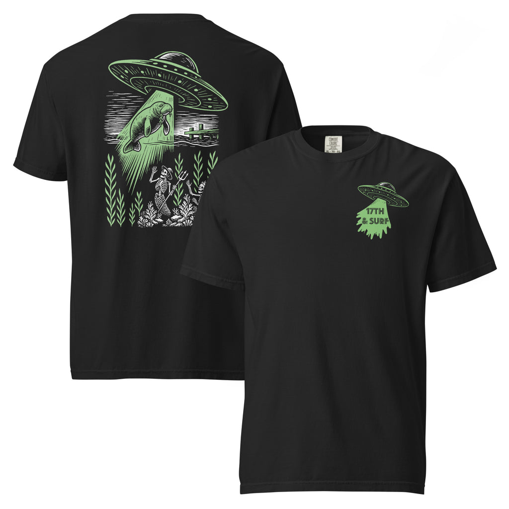 "Ocean Abduction" garment-dyed heavyweight tee, front and back flat lay, featuring small UFO "17TH & SURF" chest logo and UFO abducting a manatee via tractor beam over skeleton mermaids back design – 17th & Surf