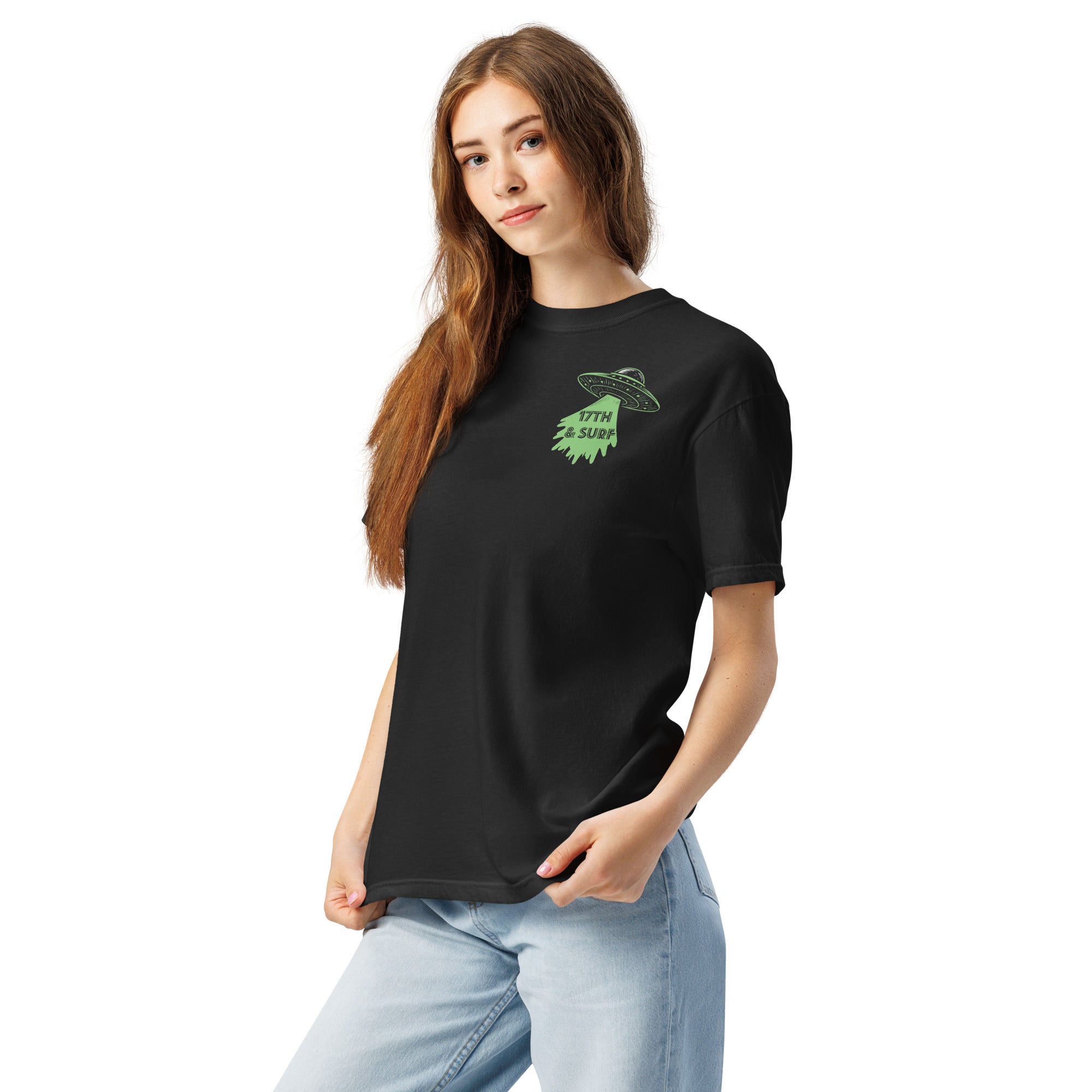 "Ocean Abduction" garment-dyed heavyweight tee, female model front angle, featuring small UFO and tractor beam "17TH & SURF" chest logo – 17th & Surf
