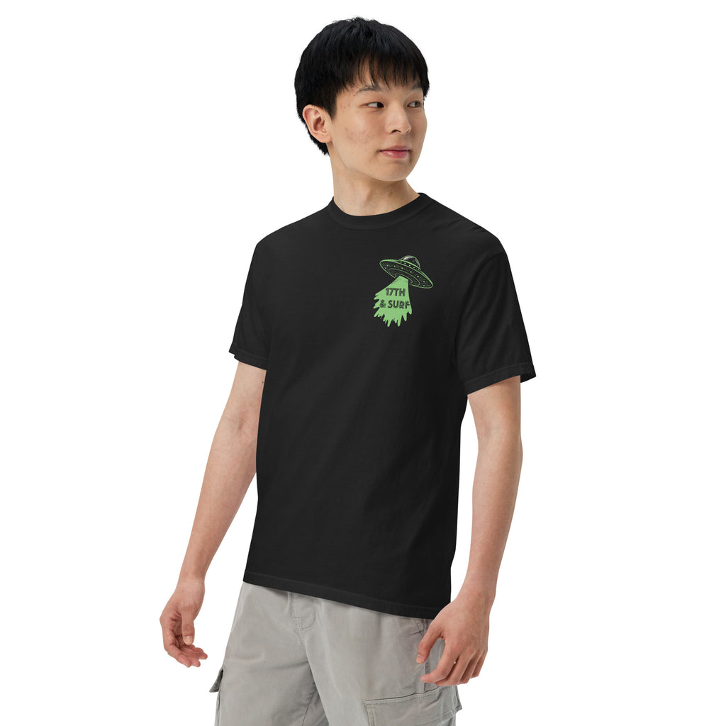 "Ocean Abduction" garment-dyed heavyweight tee, male model front angle, featuring small UFO and tractor beam "17TH & SURF" chest logo – 17th & Surf