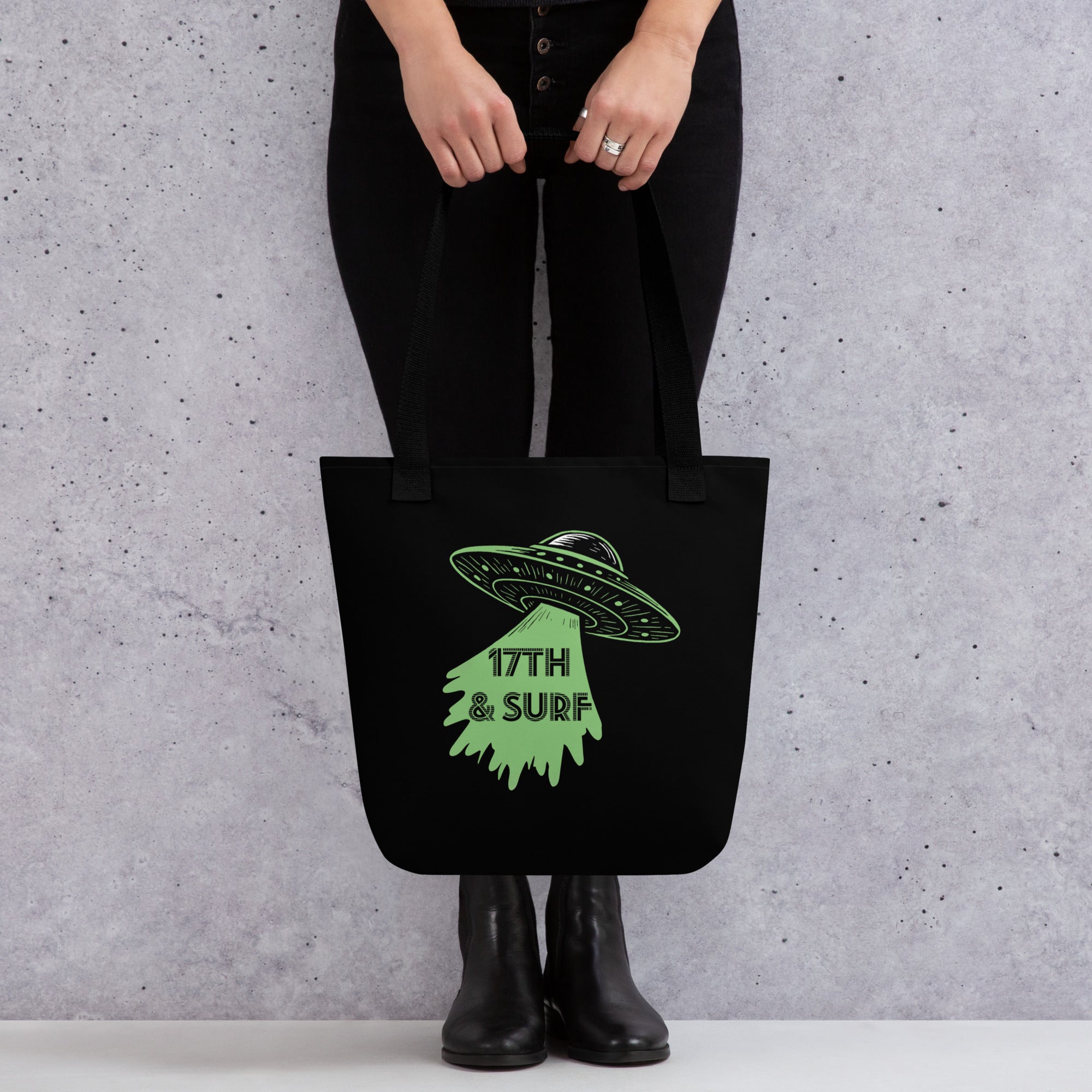 "Ocean Abduction" canvas tote bag, back view, featuring small UFO and tractor beam "17TH & SURF" logo – 17th & Surf