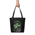 "Ocean Abduction" canvas tote bag, front view, featuring UFO abducting a manatee via tractor beam over skeleton mermaids design – 17th & Surf