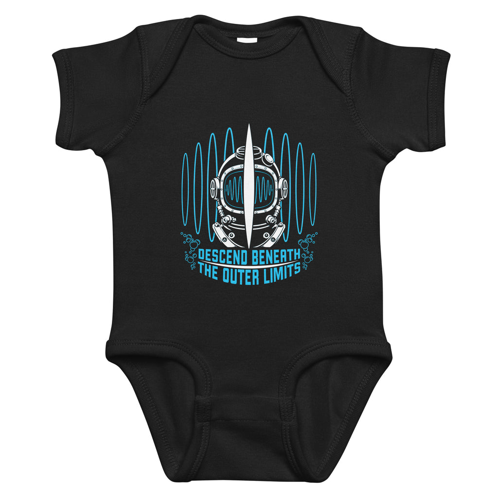 "Beneath The Outer Limits" black baby short-sleeve bodysuit, front flat lay, featuring the large graphic of a vintage diving helmet split by a surfboard fin, framed by blue broadcast test-pattern rings with an oscillating waveform, rising bubbles, and the text "DESCEND BENEATH THE OUTER LIMITS" – "Beneath The Outer Limits" Series by 17th & Surf