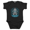 "Beneath The Outer Limits" black baby short-sleeve bodysuit, front flat lay, featuring the large graphic of a vintage diving helmet split by a surfboard fin, framed by blue broadcast test-pattern rings with an oscillating waveform, rising bubbles, and the text "DESCEND BENEATH THE OUTER LIMITS" – "Beneath The Outer Limits" Series by 17th & Surf