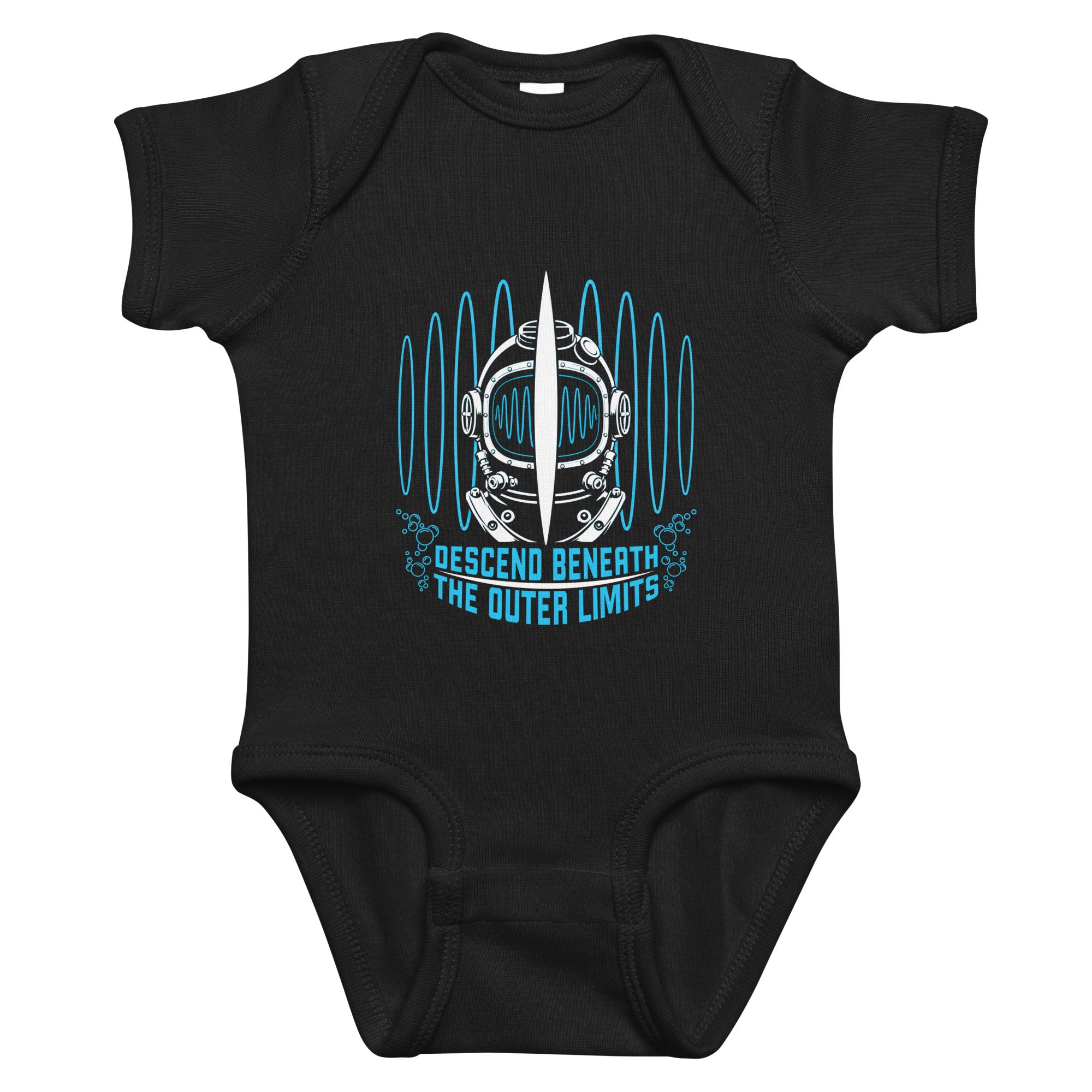 "Beneath The Outer Limits" black baby short-sleeve bodysuit, front flat lay, featuring the large graphic of a vintage diving helmet split by a surfboard fin, framed by blue broadcast test-pattern rings with an oscillating waveform, rising bubbles, and the text "DESCEND BENEATH THE OUTER LIMITS" – "Beneath The Outer Limits" Series by 17th & Surf