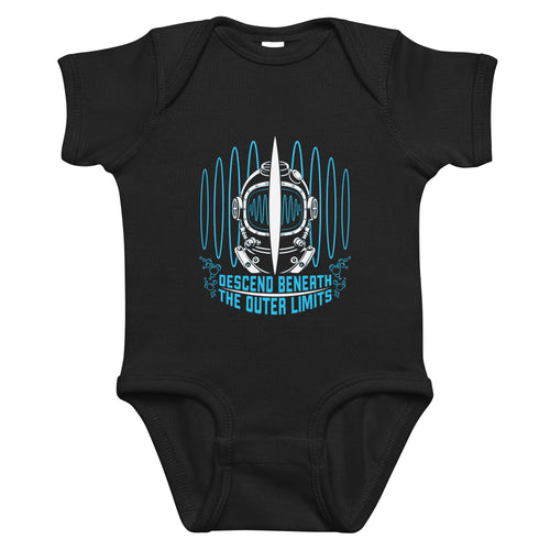 "Beneath The Outer Limits" black baby short-sleeve bodysuit, front flat lay, featuring the large graphic of a vintage diving helmet split by a surfboard fin, framed by blue broadcast test-pattern rings with an oscillating waveform, rising bubbles, and the text "DESCEND BENEATH THE OUTER LIMITS" – "Beneath The Outer Limits" Series by 17th & Surf