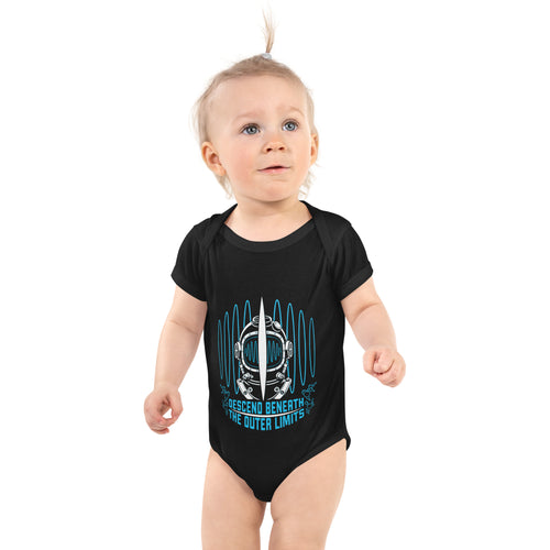"Beneath The Outer Limits" black baby short-sleeve bodysuit, on baby model, featuring the large graphic of a vintage diving helmet split by a surfboard fin with the text "DESCEND BENEATH THE OUTER LIMITS" – "Beneath The Outer Limits" Series by 17th & Surf