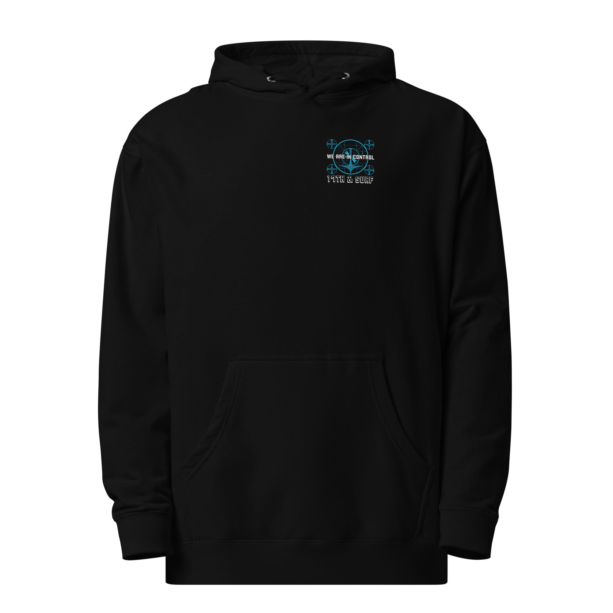 "Beneath The Outer Limits" unisex midweight hoodie in black, front flat lay, featuring the small blue "WE ARE IN CONTROL" broadcast test-pattern chest logo with "17th & Surf" text – "Beneath The Outer Limits" Series by 17th & Surf