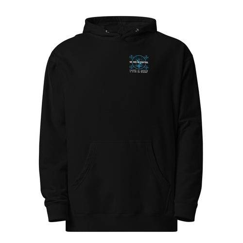 "Beneath The Outer Limits" unisex midweight hoodie in black, front flat lay, featuring the small blue "WE ARE IN CONTROL" broadcast test-pattern chest logo with "17th & Surf" text – "Beneath The Outer Limits" Series by 17th & Surf