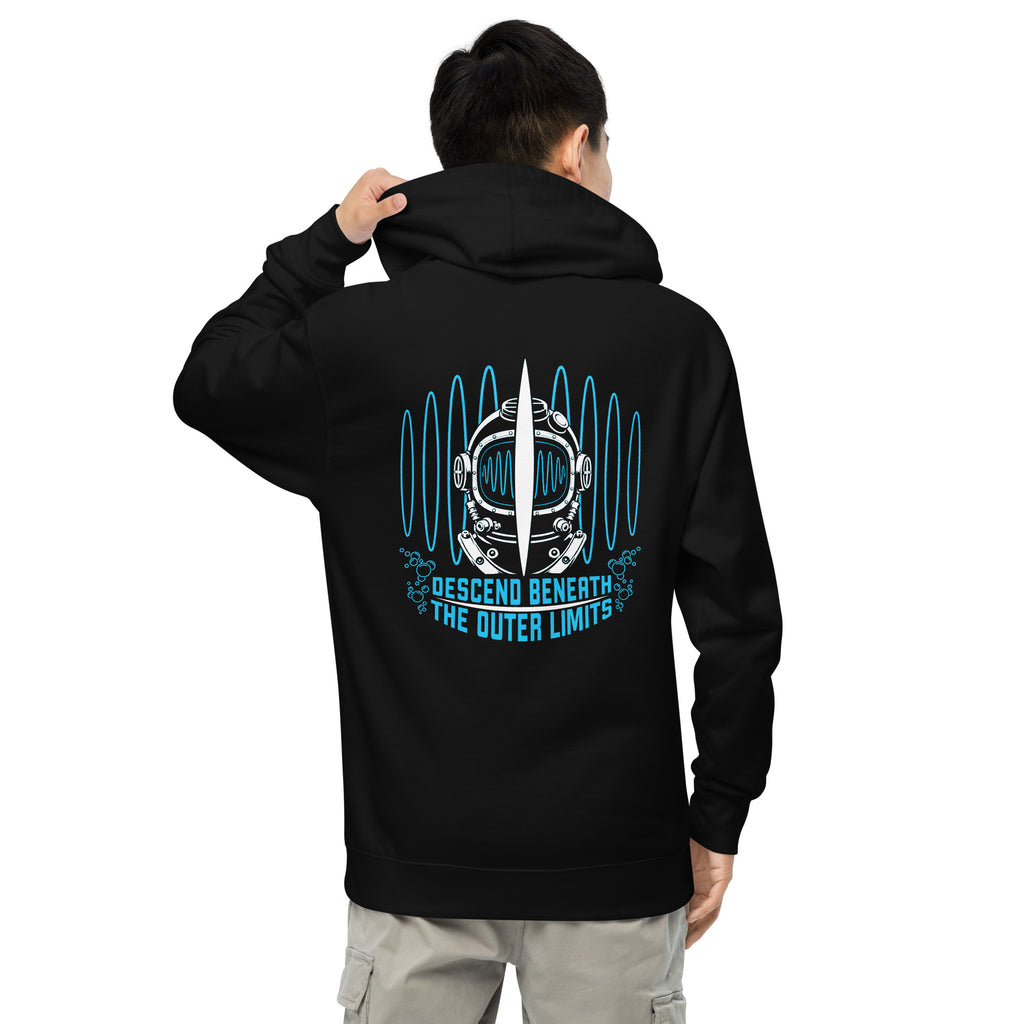 "Beneath The Outer Limits" unisex midweight hoodie in black, back view on male model, featuring the large graphic of a vintage diving helmet split by a surfboard fin, framed by blue broadcast test-pattern rings, with the text "DESCEND BENEATH THE OUTER LIMITS" – "Beneath The Outer Limits" Series by 17th & Surf