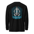 "Beneath The Outer Limits" garment-dyed heavyweight long sleeve shirt in black, back flat lay, featuring the large graphic of a vintage diving helmet split by a surfboard fin, framed by blue broadcast test-pattern rings with an oscillating waveform, rising bubbles, and the text "DESCEND BENEATH THE OUTER LIMITS" – "Beneath The Outer Limits" Series by 17th & Surf