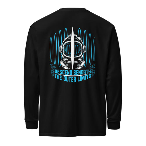 "Beneath The Outer Limits" garment-dyed heavyweight long sleeve shirt in black, back flat lay, featuring the large graphic of a vintage diving helmet split by a surfboard fin, framed by blue broadcast test-pattern rings with an oscillating waveform, rising bubbles, and the text "DESCEND BENEATH THE OUTER LIMITS" – "Beneath The Outer Limits" Series by 17th & Surf