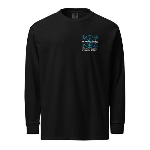 "Beneath The Outer Limits" garment-dyed heavyweight long sleeve shirt in black, front flat lay, featuring the small blue "WE ARE IN CONTROL" broadcast test-pattern chest logo with "17th & Surf" text – "Beneath The Outer Limits" Series by 17th & Surf