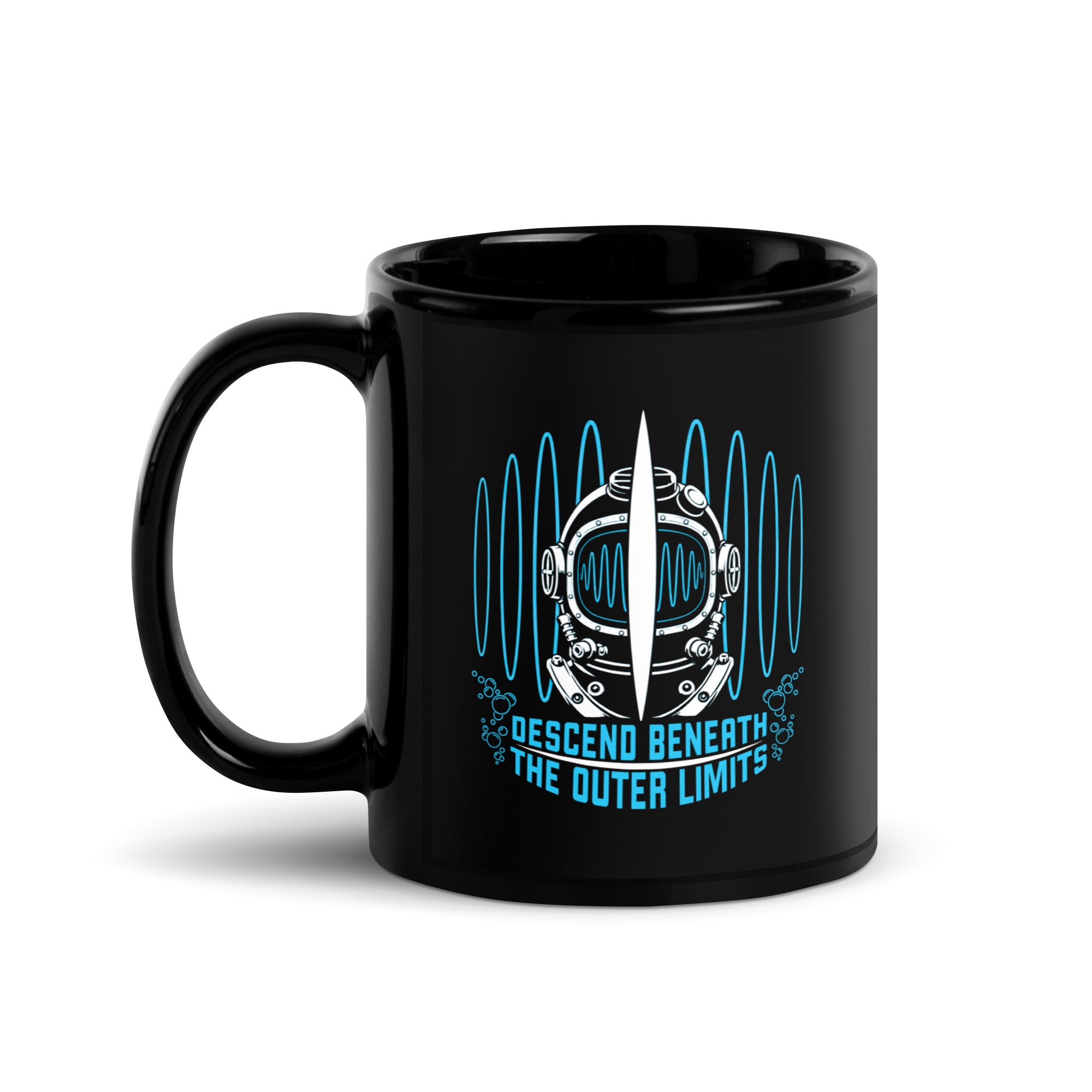 "Beneath The Outer Limits" black glossy 11oz mug, handle on left, featuring the large graphic of a vintage diving helmet split by a surfboard fin, framed by blue broadcast test-pattern rings with an oscillating waveform and the text "DESCEND BENEATH THE OUTER LIMITS" – "Beneath The Outer Limits" Series by 17th & Surf