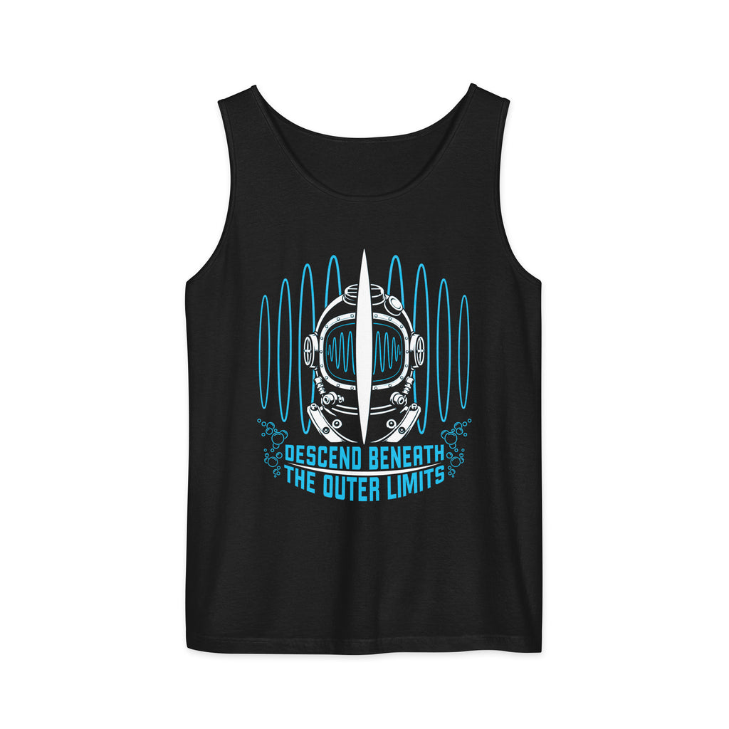 "Beneath The Outer Limits" garment-dyed tank top in black, flat lay, featuring the large graphic of a vintage diving helmet split by a surfboard fin, framed by blue broadcast test-pattern rings with an oscillating waveform, rising bubbles, and the text "DESCEND BENEATH THE OUTER LIMITS" – "Beneath The Outer Limits" Series by 17th & Surf