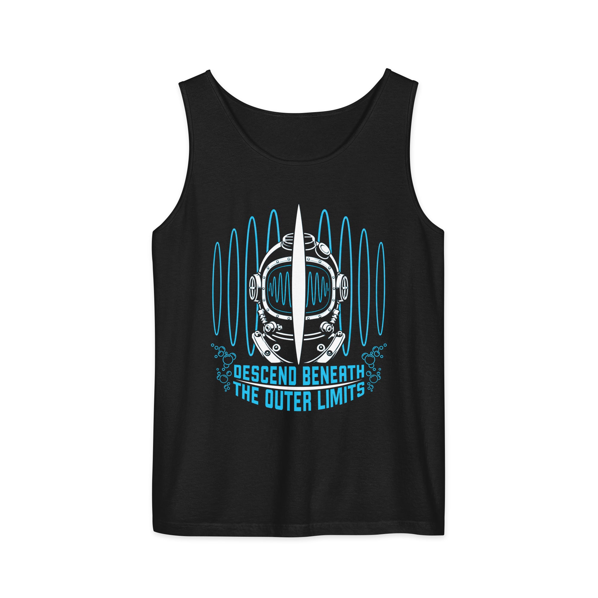 "Beneath The Outer Limits" garment-dyed tank top in black, flat lay, featuring the large graphic of a vintage diving helmet split by a surfboard fin, framed by blue broadcast test-pattern rings with an oscillating waveform, rising bubbles, and the text "DESCEND BENEATH THE OUTER LIMITS" – "Beneath The Outer Limits" Series by 17th & Surf